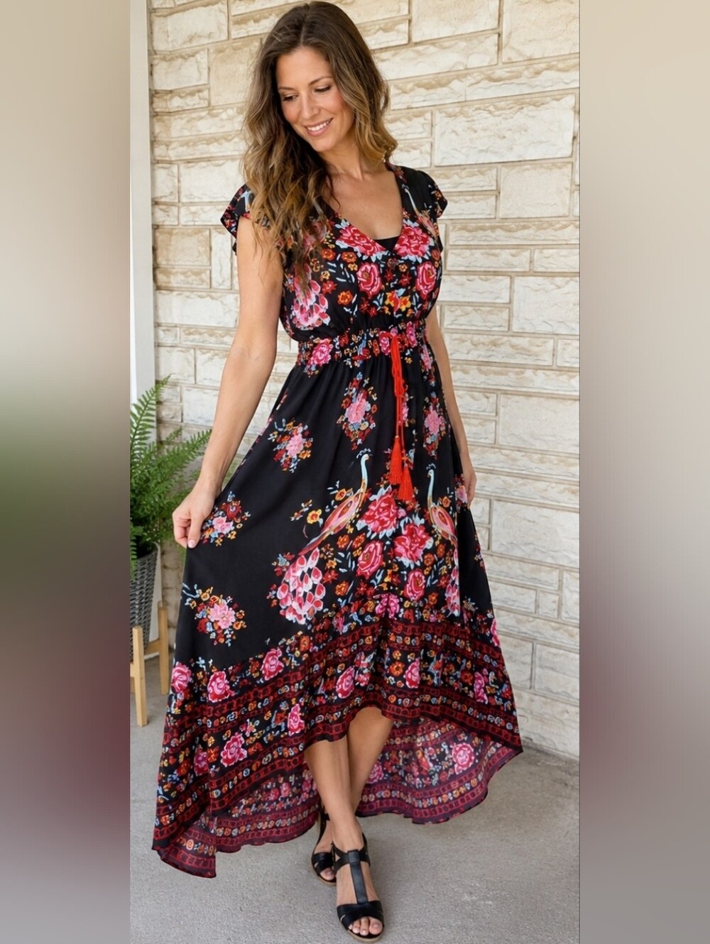 Boho Peacock Floral High Low Maxi Dress Black Pink Medium
